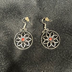 Elegant Silver and Red Floral Earrings